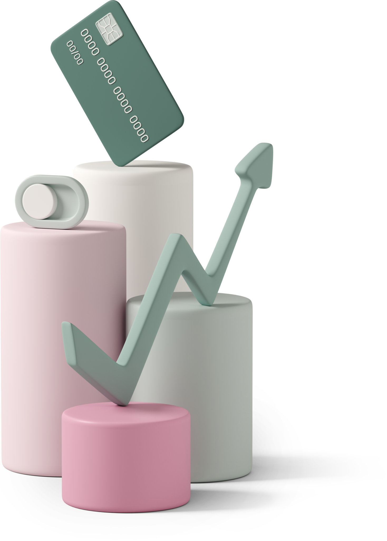 Gráfico 3D lúdico com cartão de cr~edito no topo e linha de tendência de crescimento